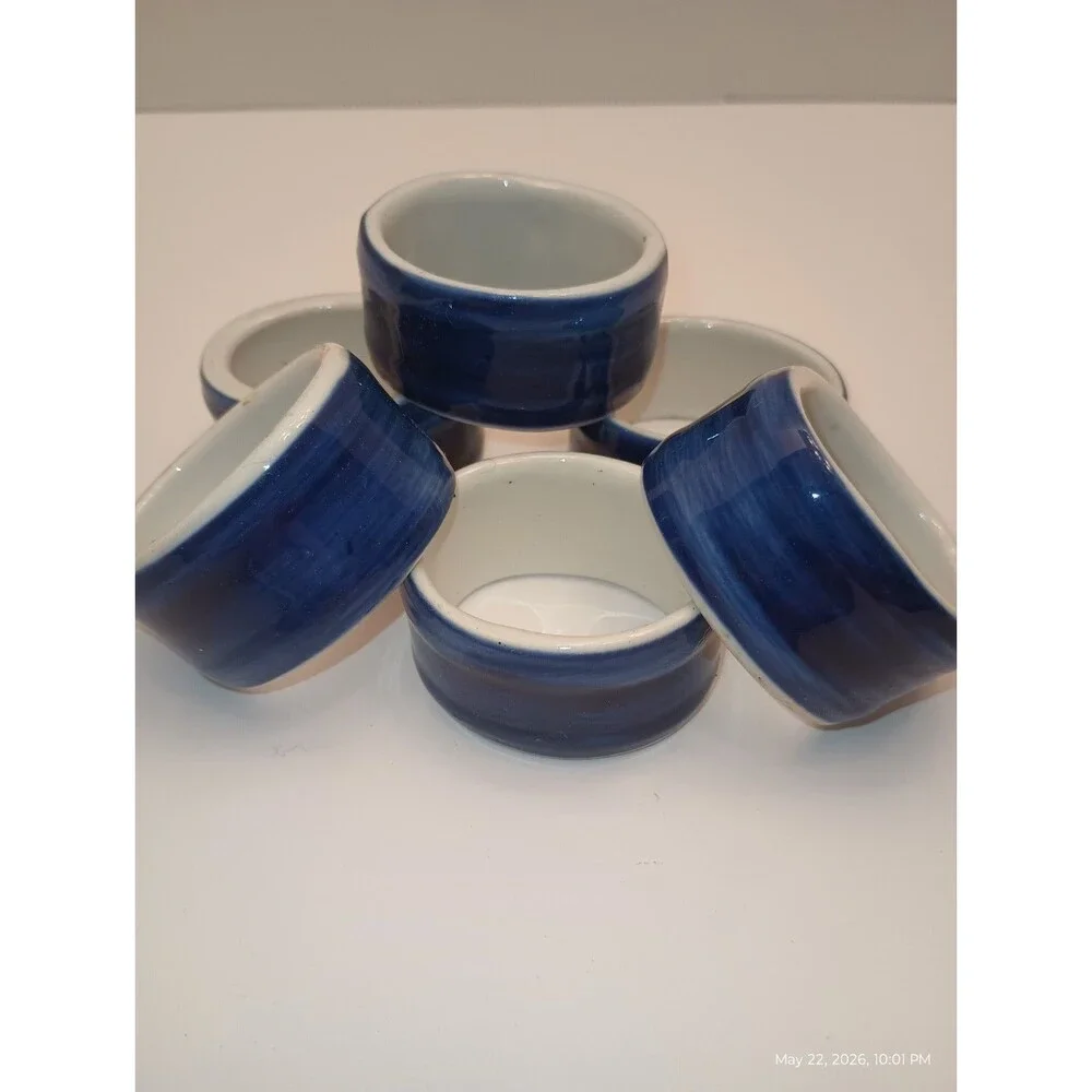 SET OF 6 - Glossy Blue & White Striped Ceramic NAPKIN RINGS, Modern. NICE!